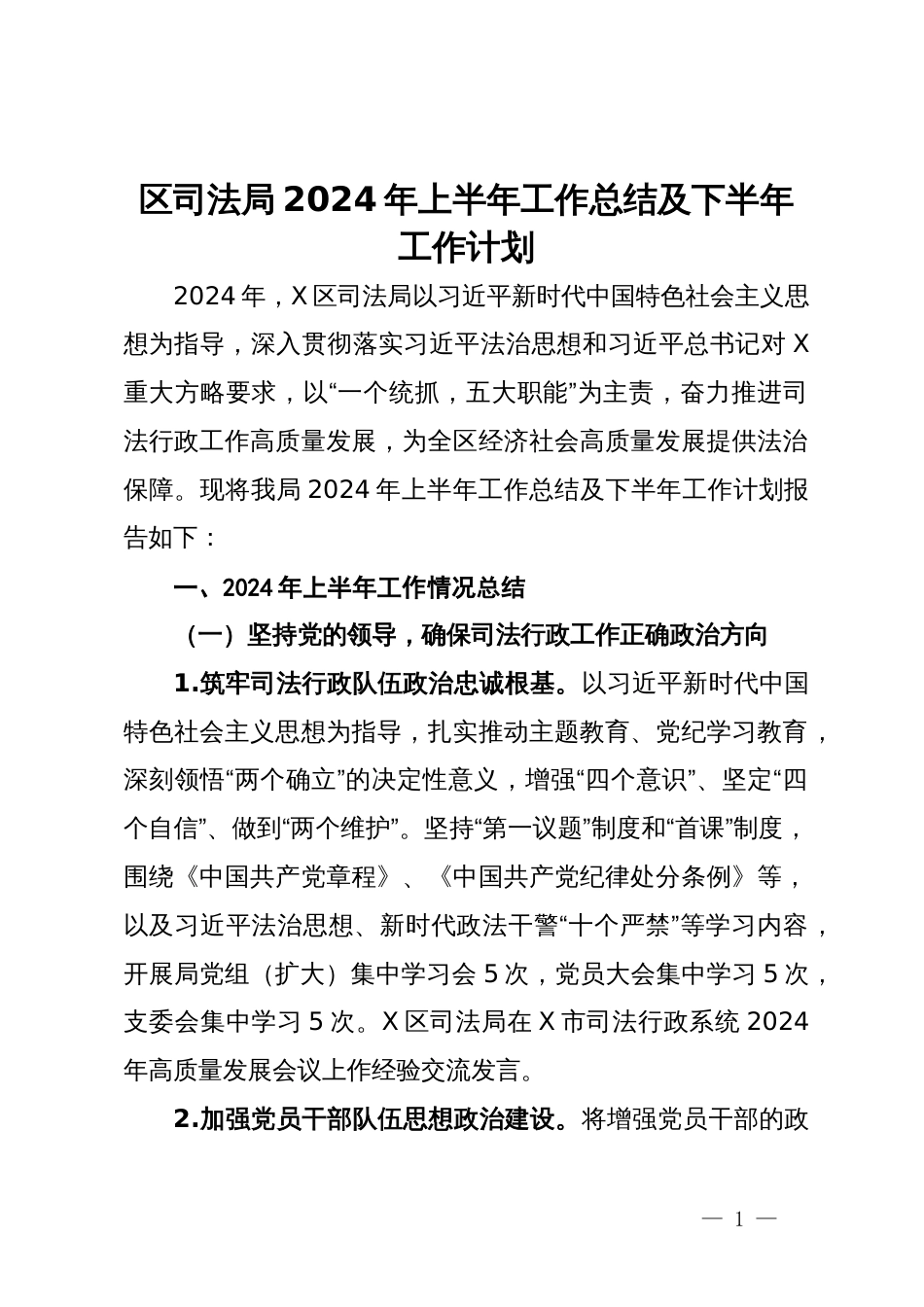 区司法局2024年上半年工作总结及下半年工作计划_第1页