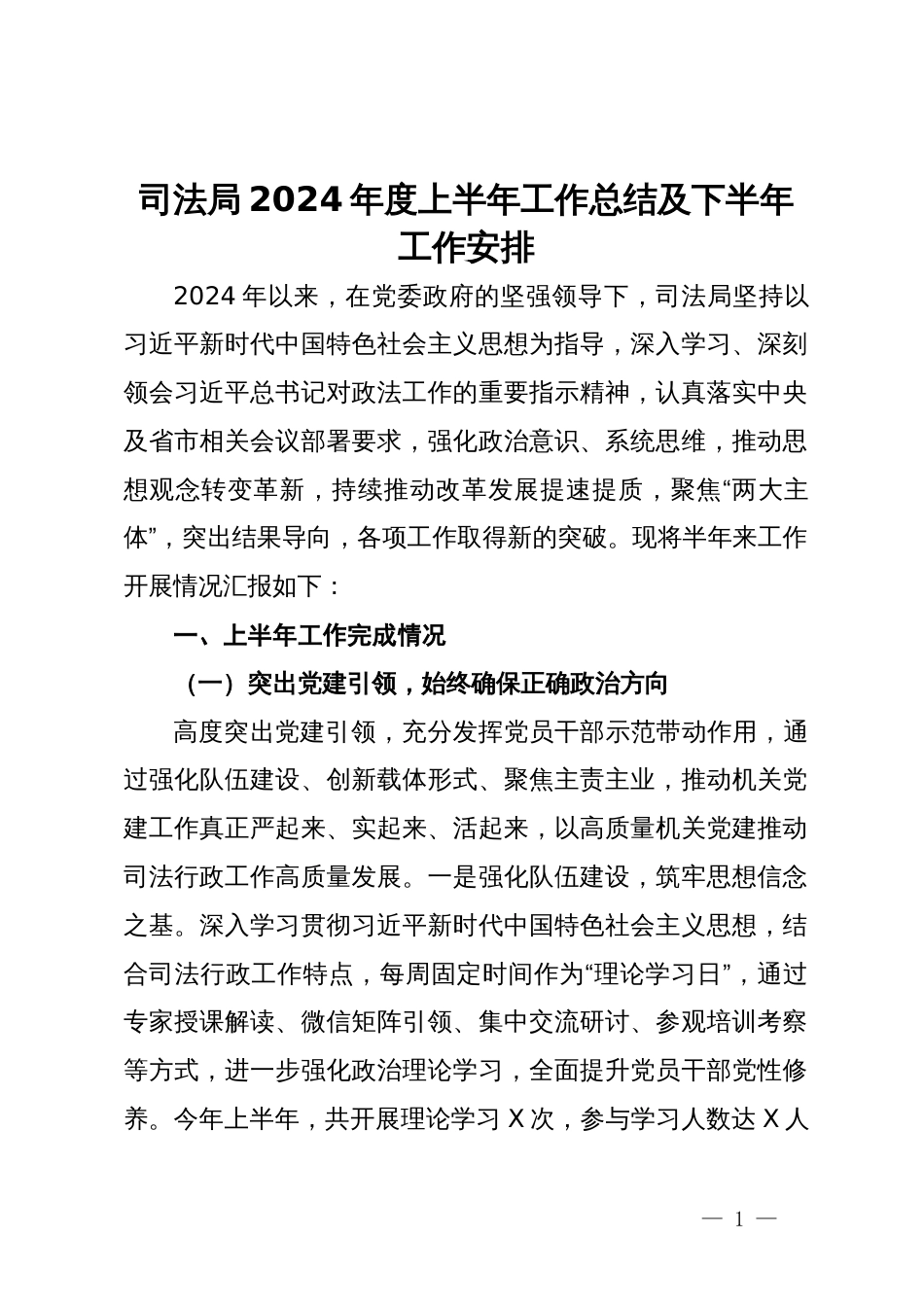 司法局2024年度上半年工作总结及下半年工作安排_第1页