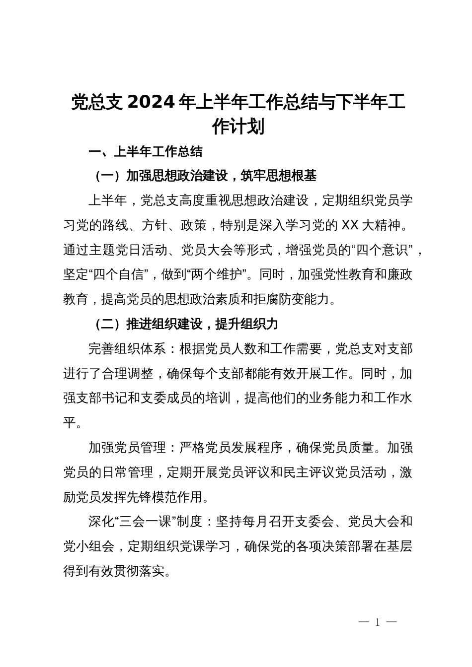 党总支2024年上半年工作总结与下半年工作计划_第1页
