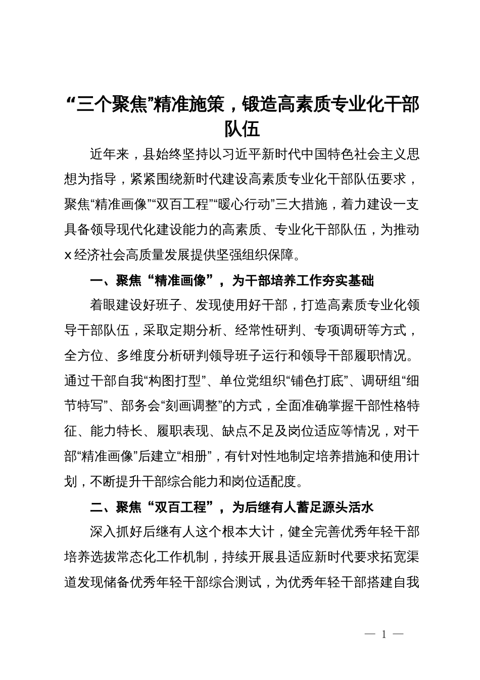 经验交流发言：“三个聚焦”精准施策，锻造高素质专业化干部队伍_第1页