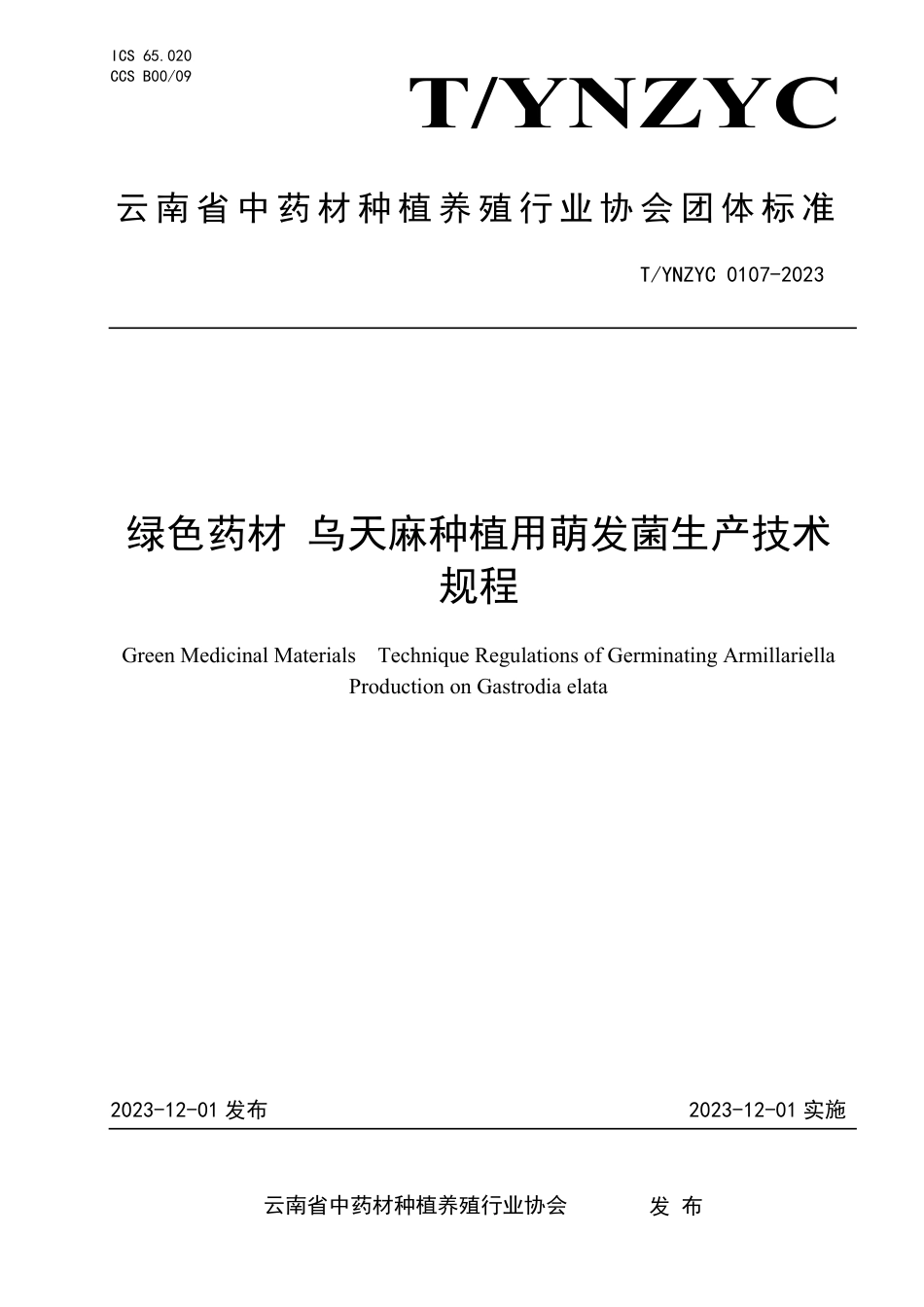 T∕YNZYC 0107-2023 绿色药材 乌天麻种植用萌发菌生产技术规程_第1页