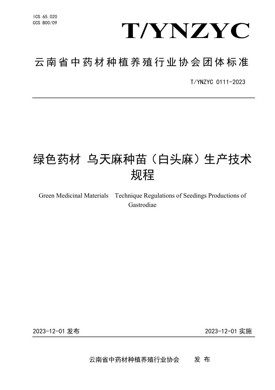 T∕YNZYC 0111-2023 绿色药材 乌天麻种苗（白头麻）生产技术规程_第1页