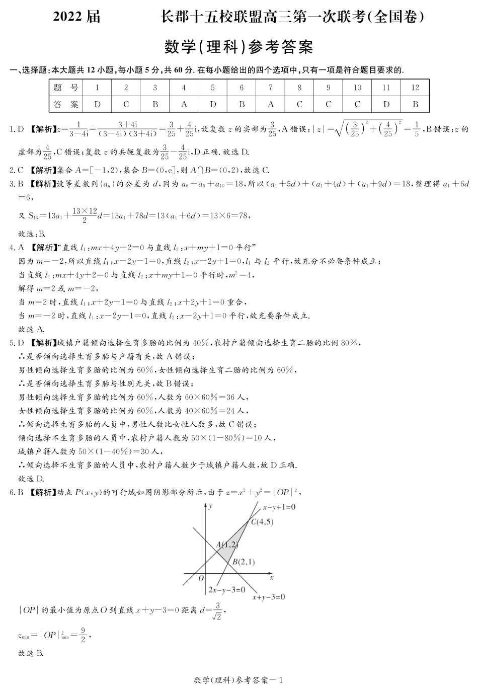 长郡十五校联盟2022届高三第一次联考理数试题 答案_第1页