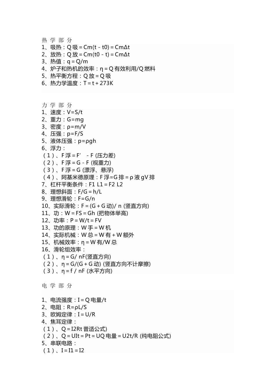 初中物理考试必用公式汇总_第1页