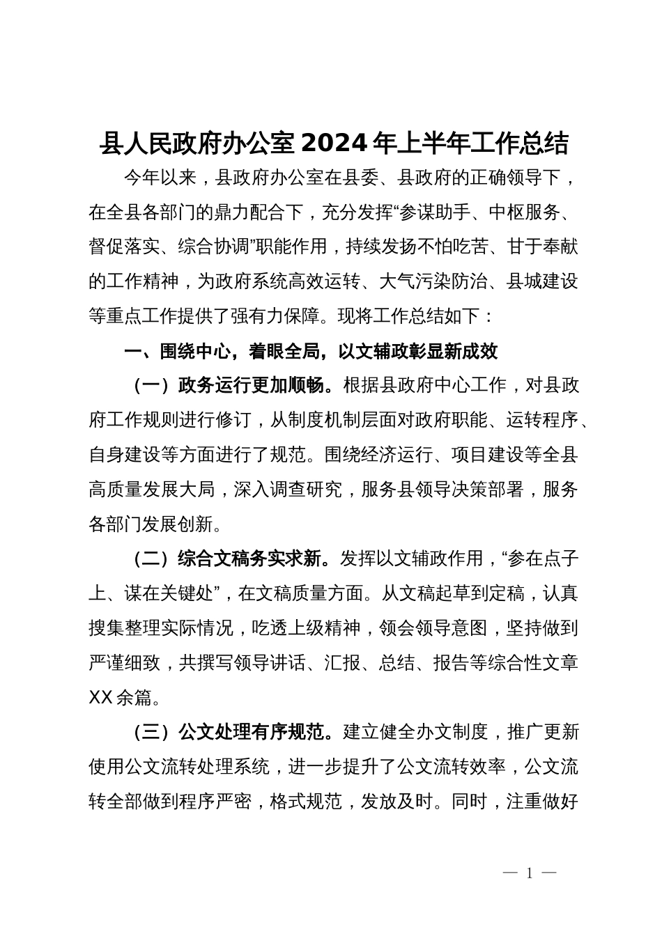 县人民政府办公室2024年上半年工作总结_第1页