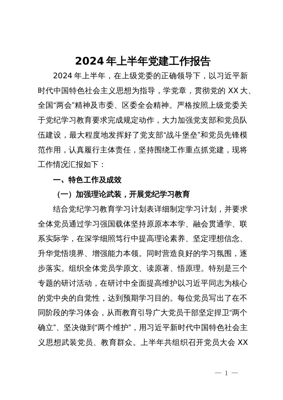 党支部书记2024年上半年党建述职报告_第1页