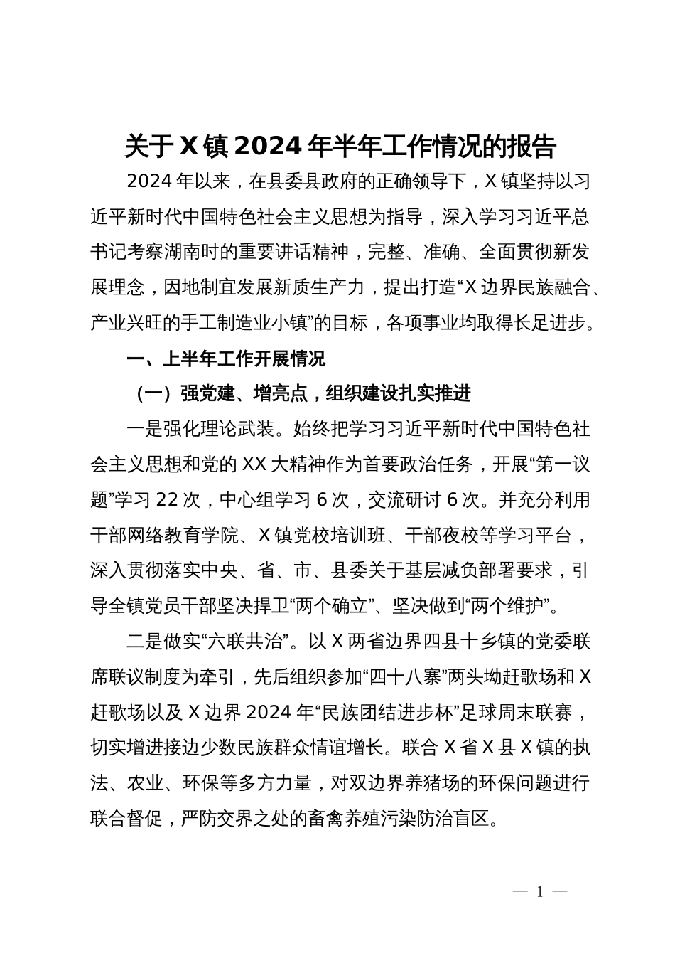 关于镇2024年半年工作情况的报告_第1页