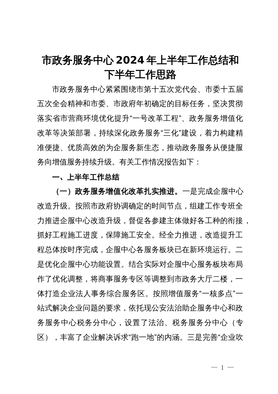 市政务服务中心2024年上半年工作总结和下半年工作思路_第1页