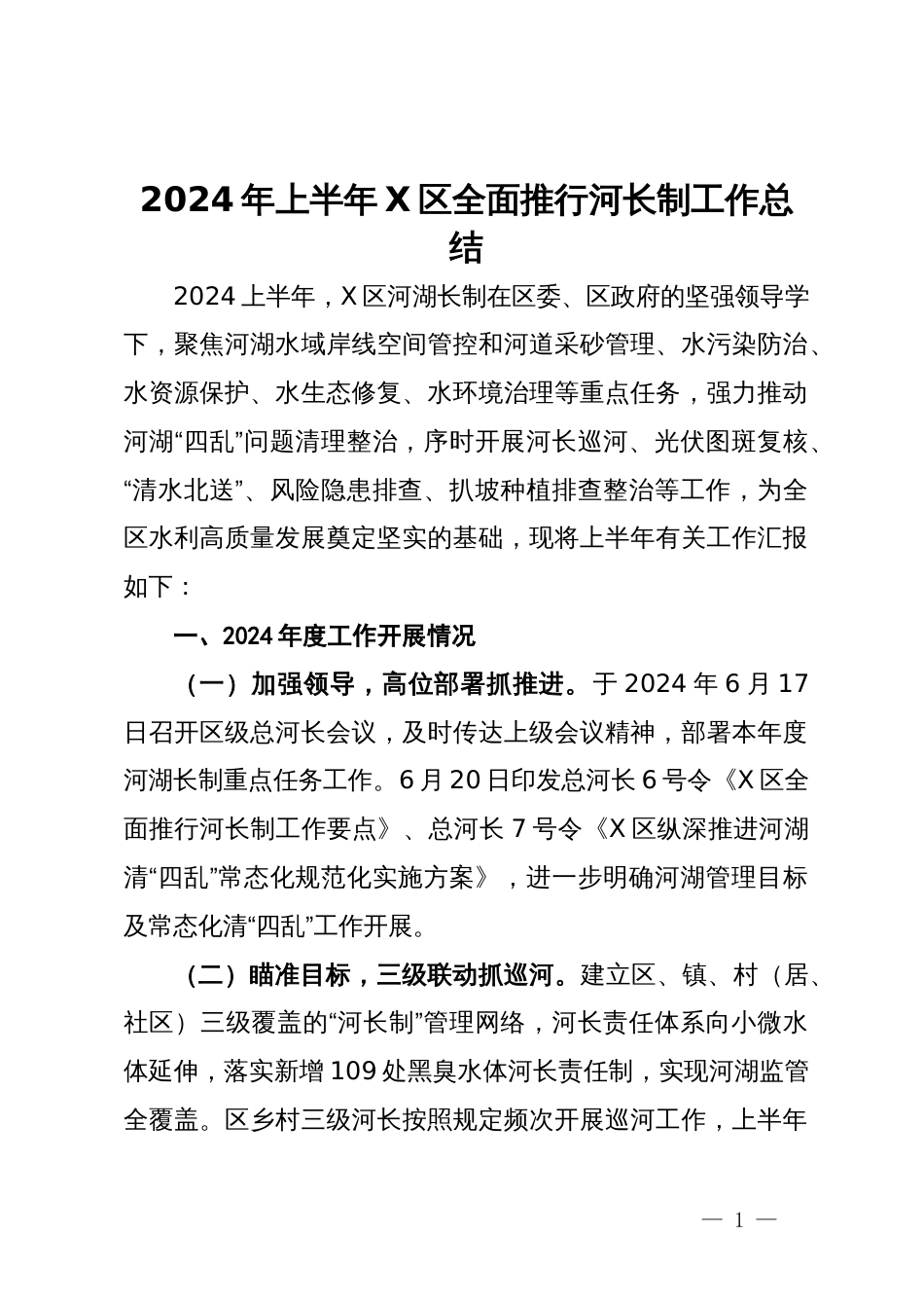 2024年上半年区全面推行河长制工作总结_第1页