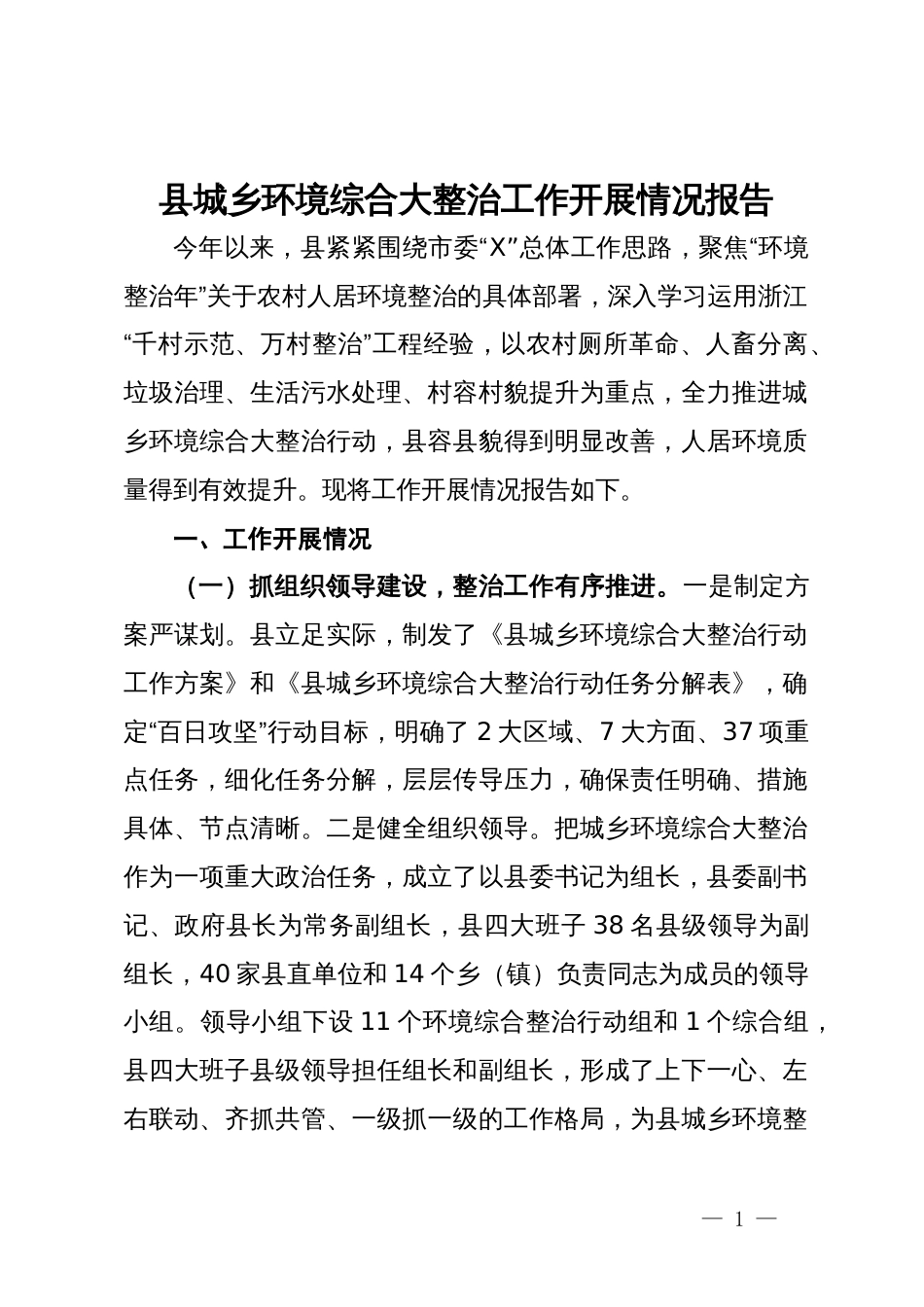 县城乡环境综合大整治工作开展情况报告_第1页