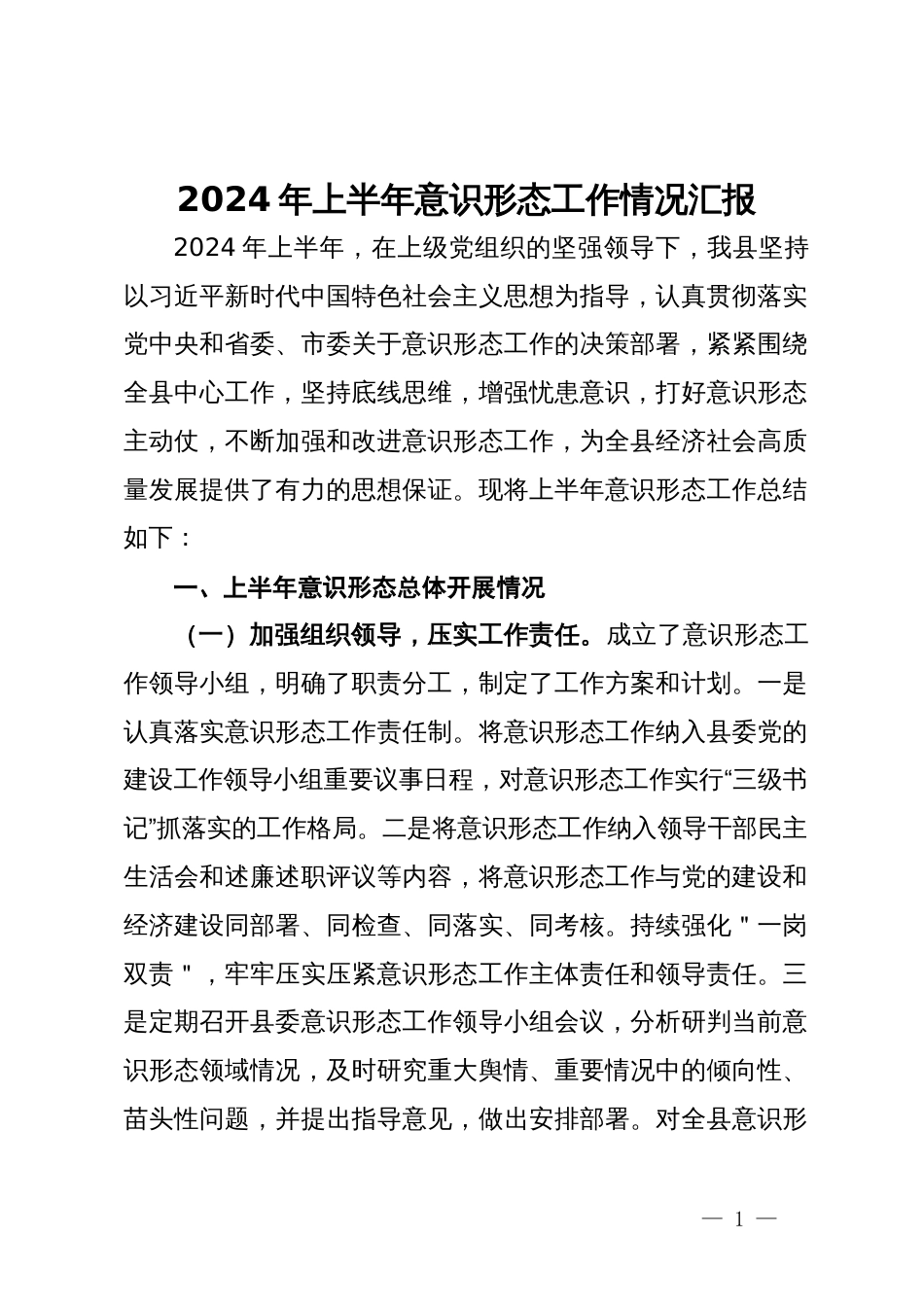 2024年上半年意识形态工作情况汇报_第1页