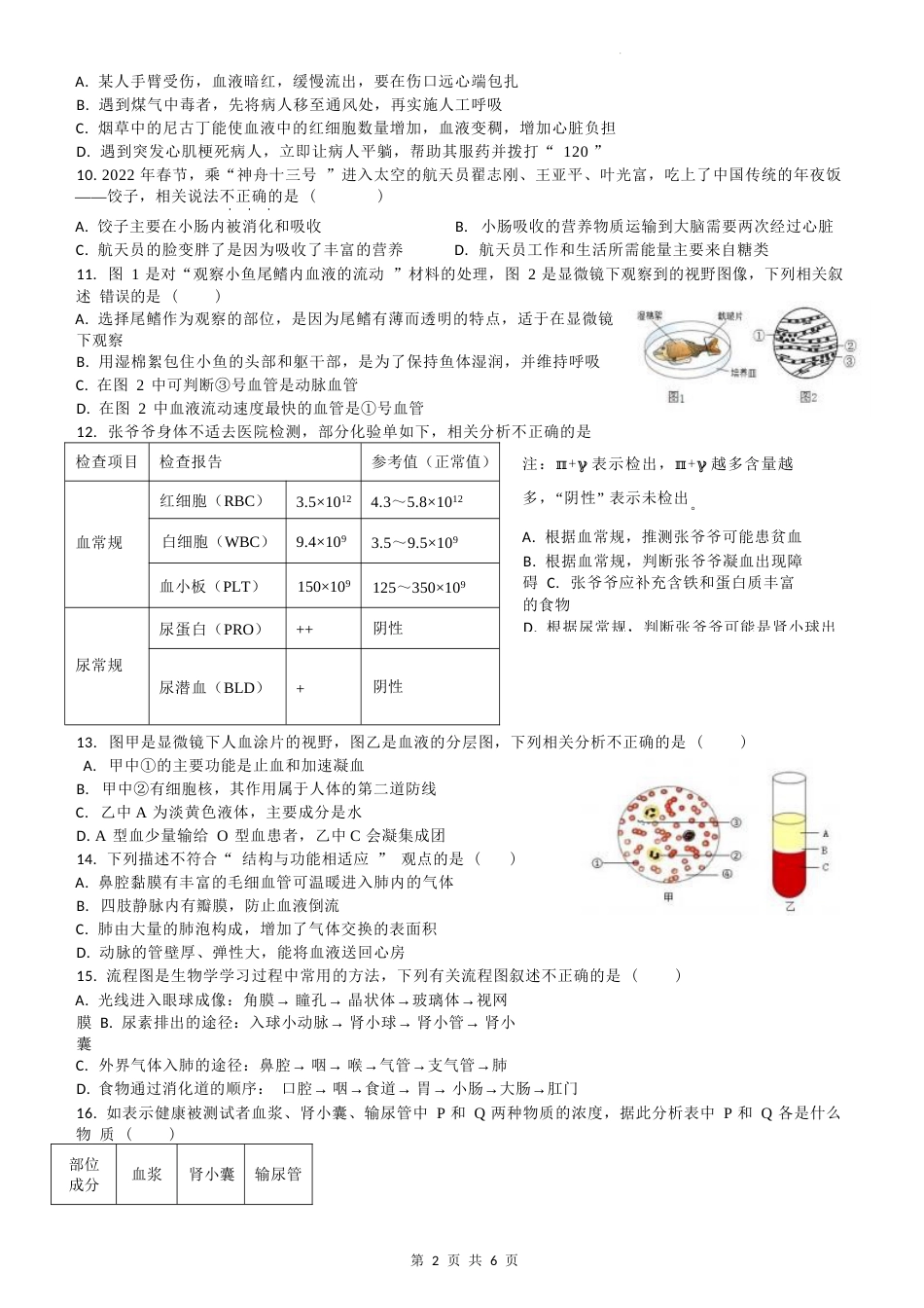 2023-2024 学年度七年级下学期生物学期末测试_第2页