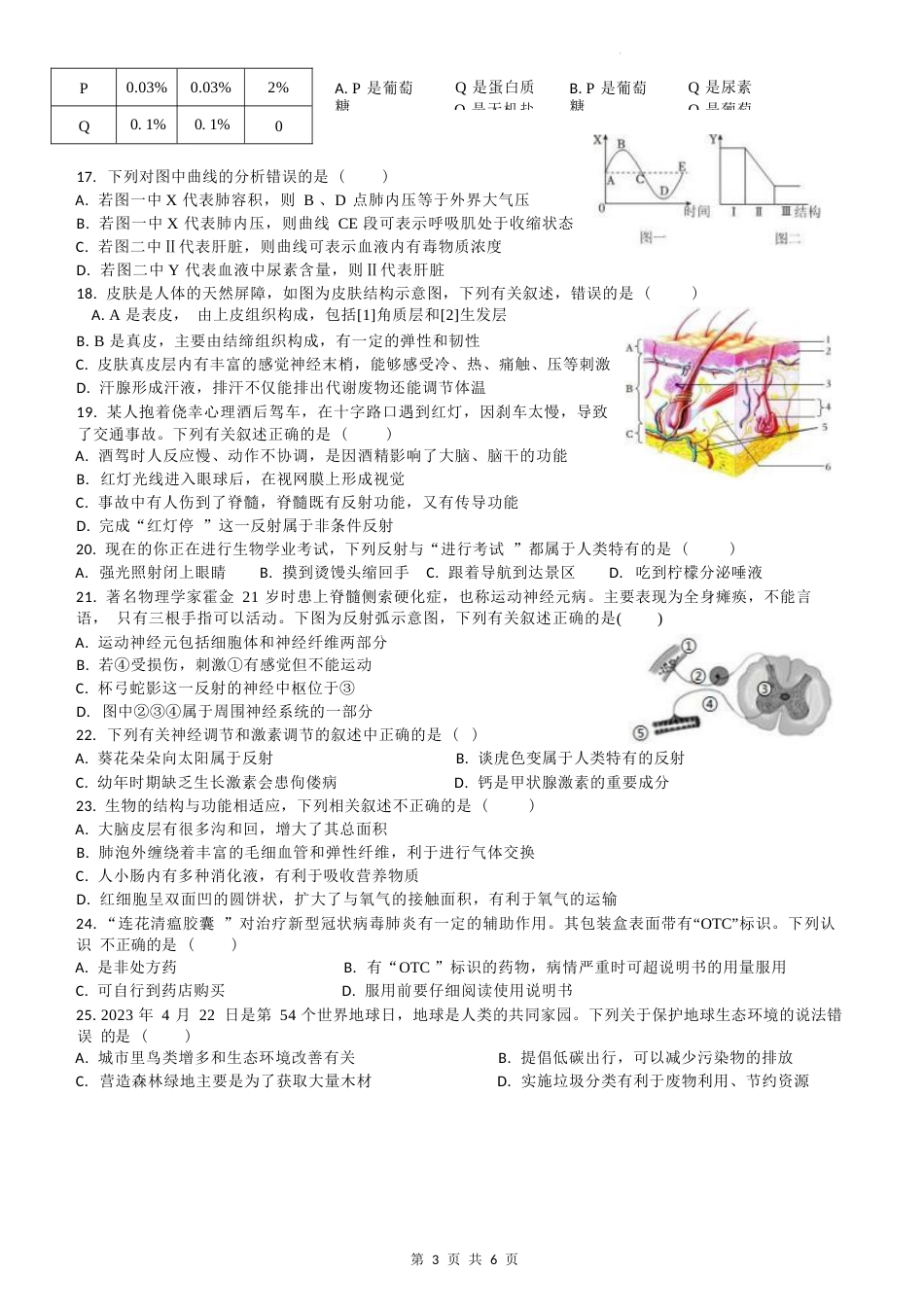 2023-2024 学年度七年级下学期生物学期末测试_第3页