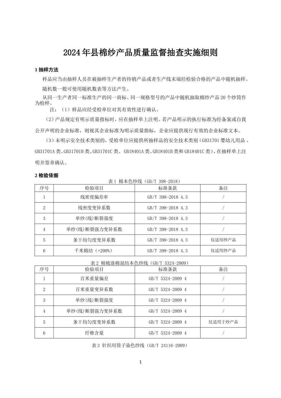 棉纱产品质量监督抽查实施细则(2024年版）_第1页