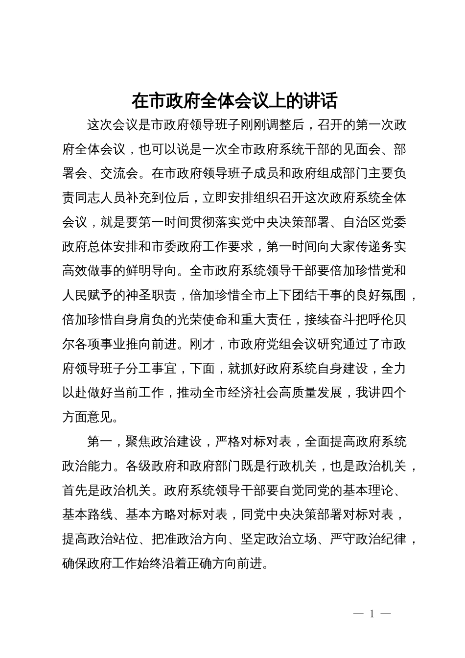 在市政府全体会议上的讲话_第1页