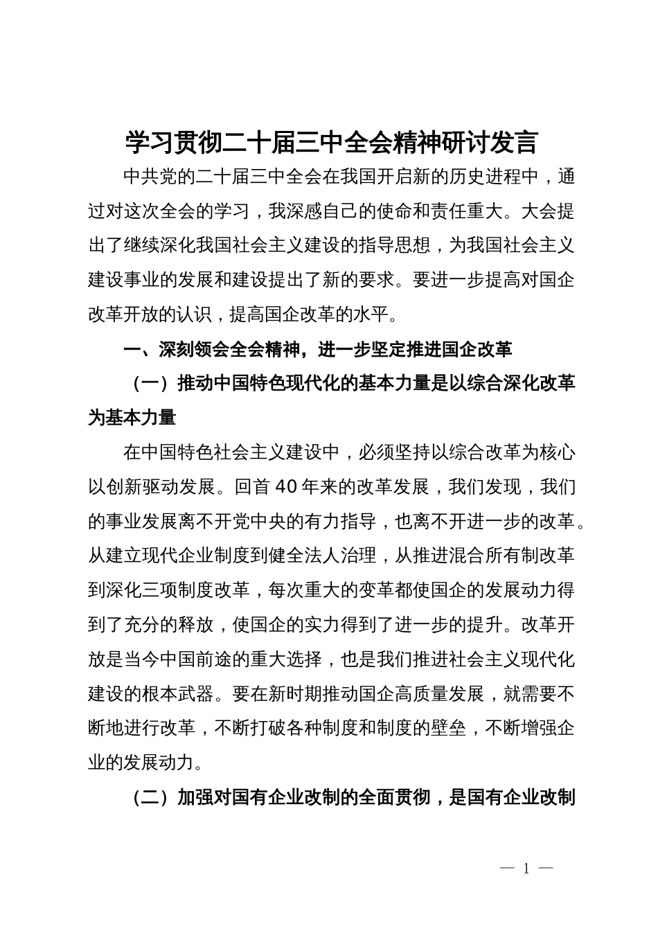 国企领导学习贯彻二十届三中全会精神研讨发言_第1页