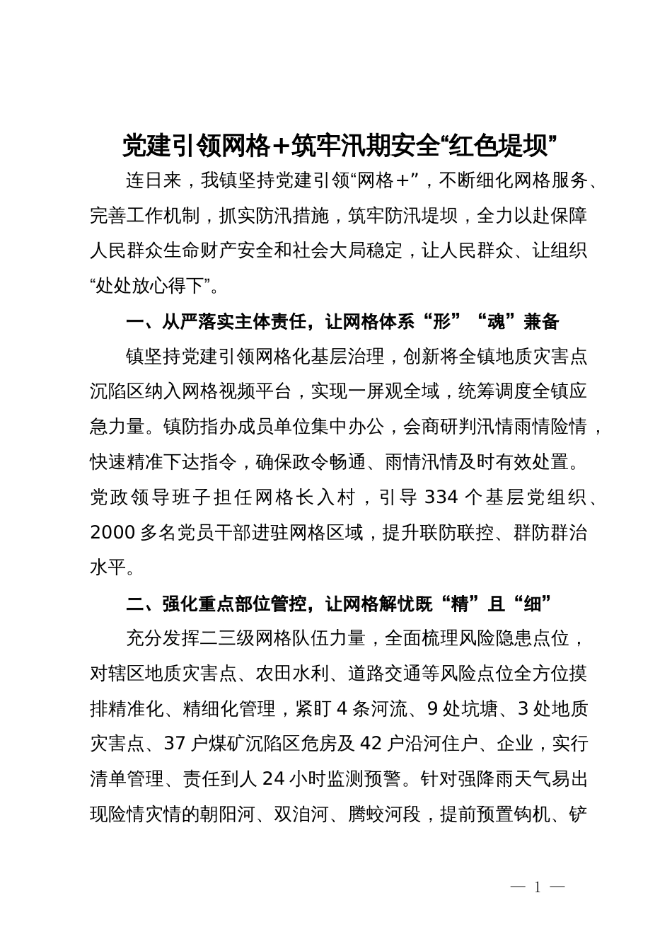 交流发言：党建引领网格+ 筑牢汛期安全“红色堤坝”_第1页