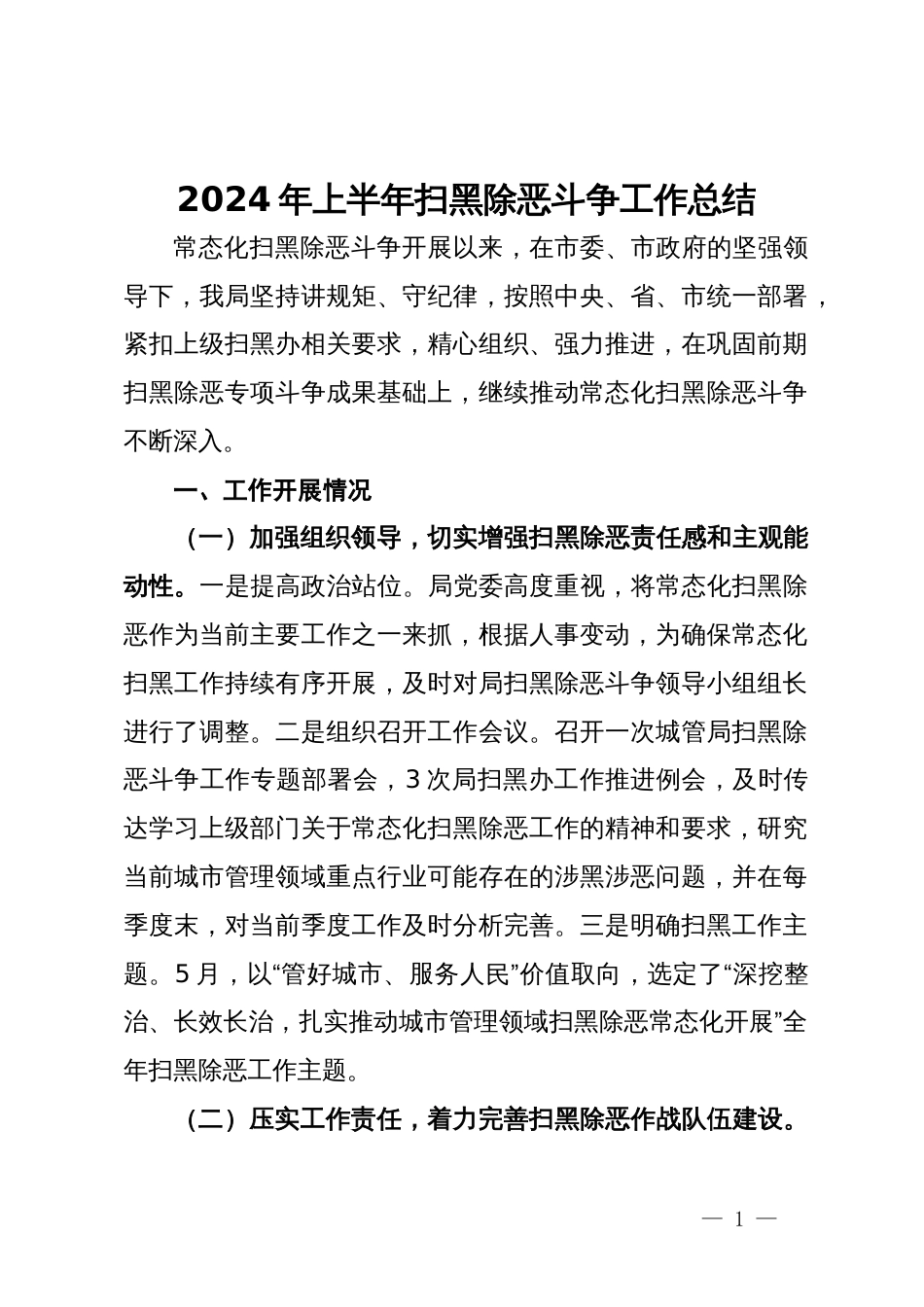 2024年上半年扫黑除恶斗争工作总结_第1页