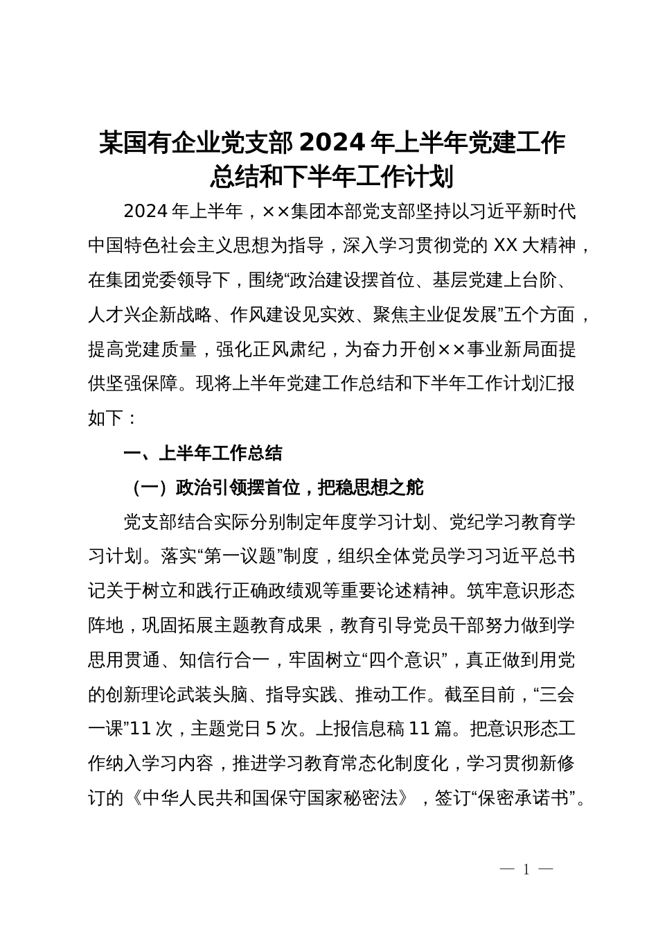 某国有企业党支部2024年上半年党建工作总结和下半年工作计划_第1页