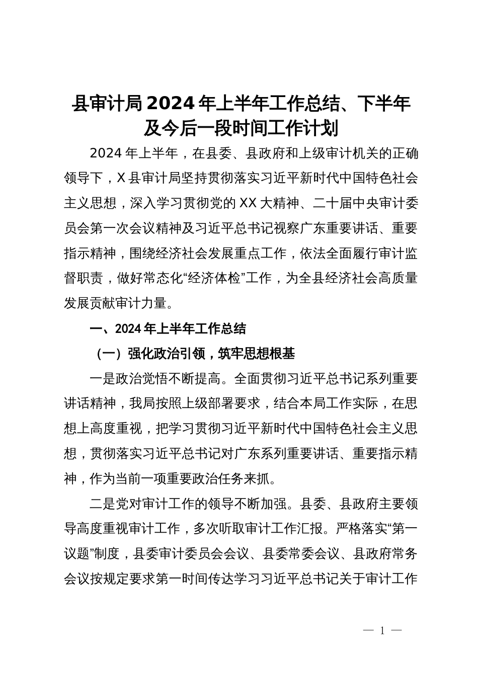 县审计局2024年上半年工作总结、下半年及今后一段时间工作计划_第1页