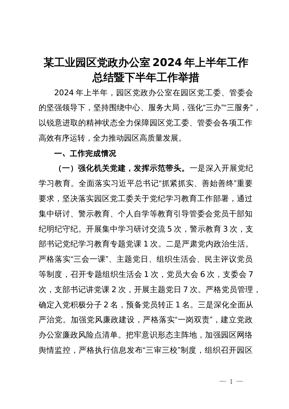 某工业园区党政办公室2024年上半年工作总结暨下半年工作举措_第1页