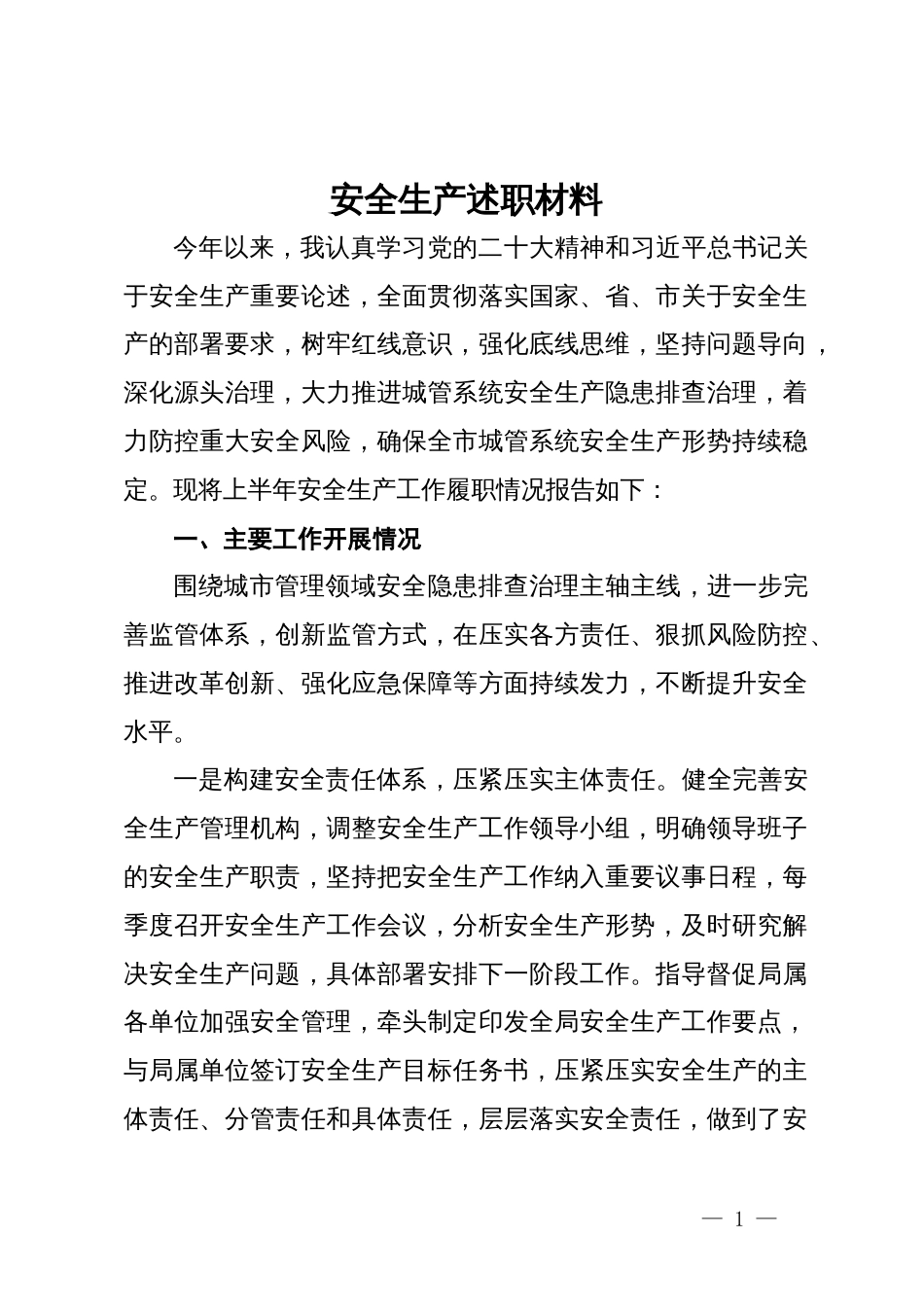 党员干部2024年上半年安全生产述职材料_第1页