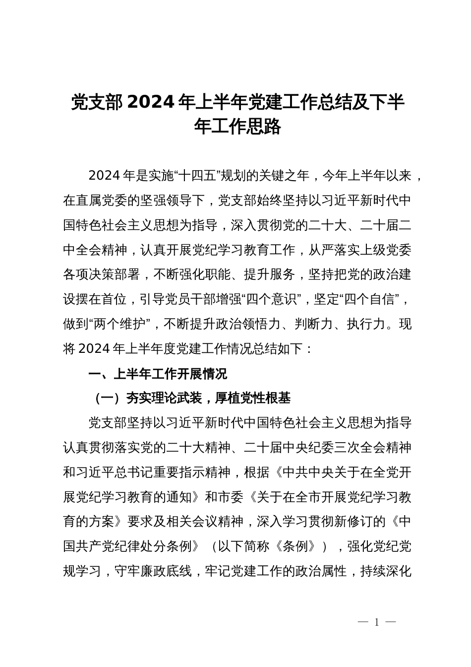 党支部2024年上半年党建工作总结及下半年工作思路_第1页