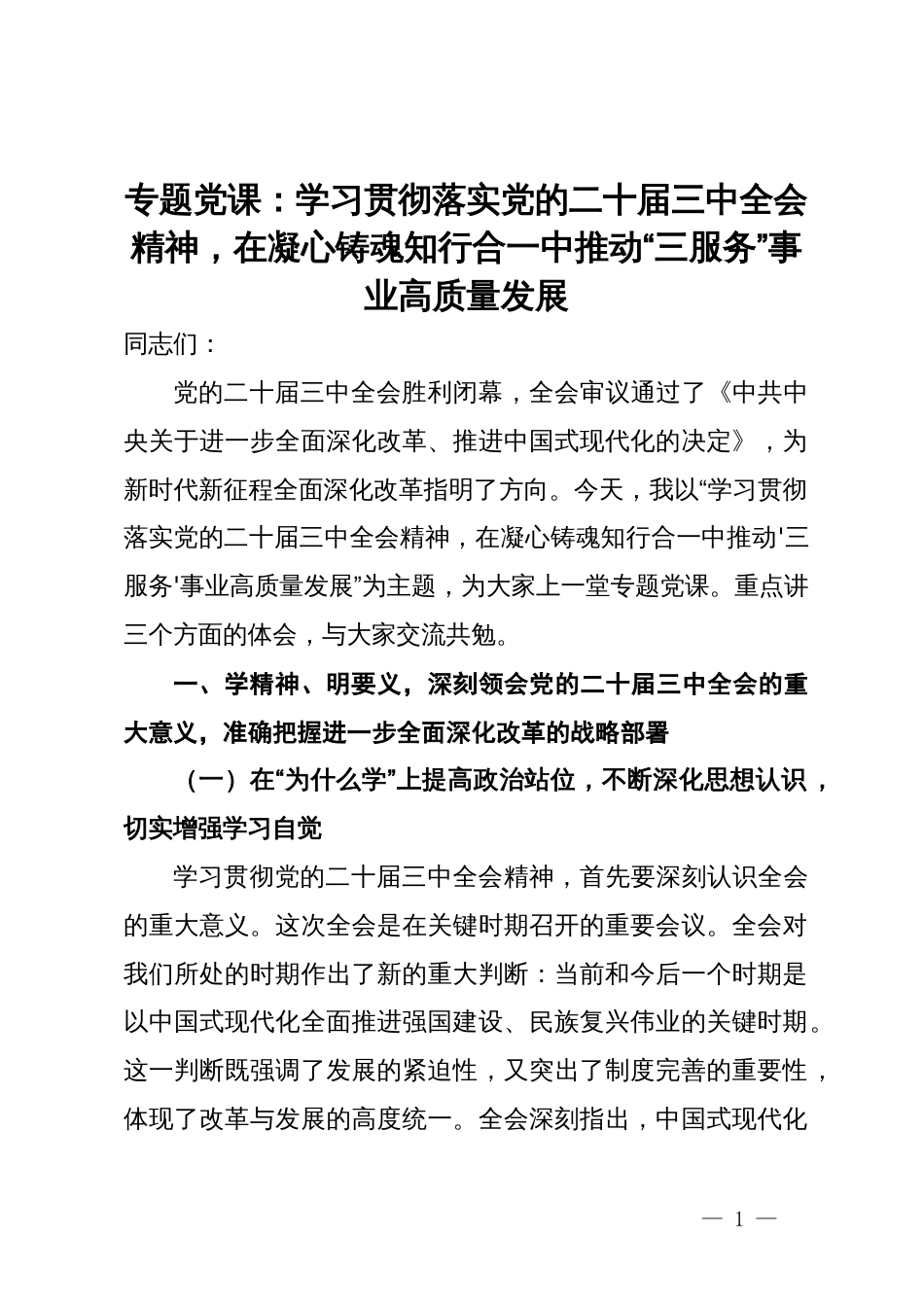 专题党课：学习贯彻落实党的二十届三中全会精神，在凝心铸魂知行合一中推动“三服务”事业高质量发展_第1页