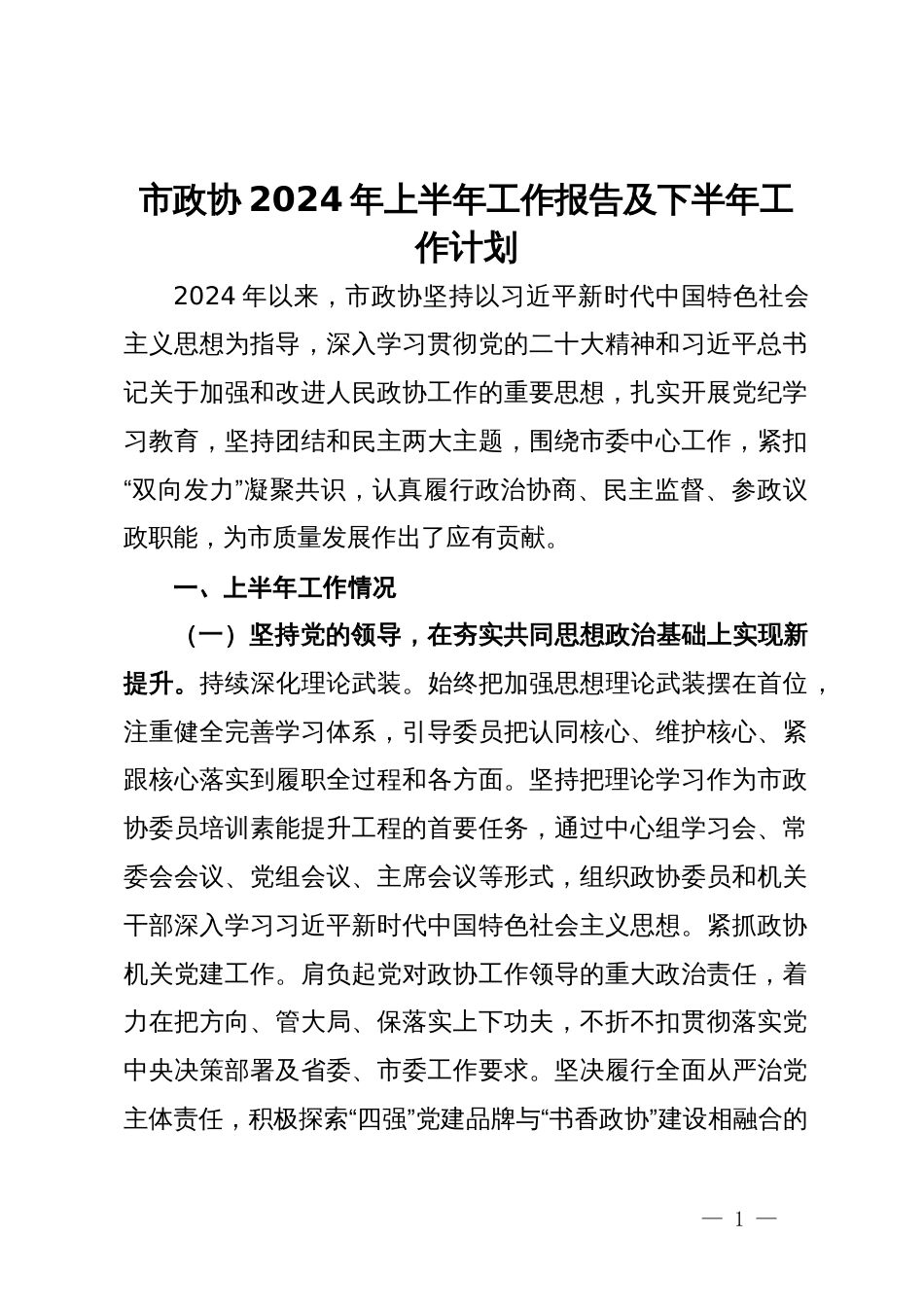 市政协2024年上半年工作报告及下半年工作计划_第1页