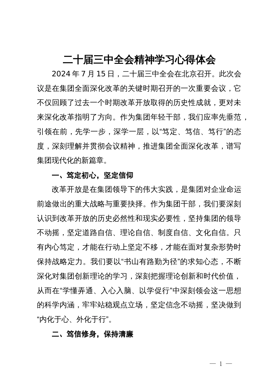 公司年轻干部二十届三中全会精神学习心得体会_第1页