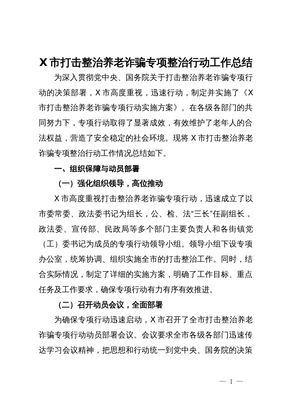 X市打击整治养老诈骗专项整治行动工作总结_第1页