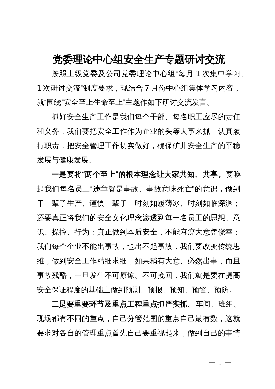 党委理论中心组安全生产专题研讨交流_第1页