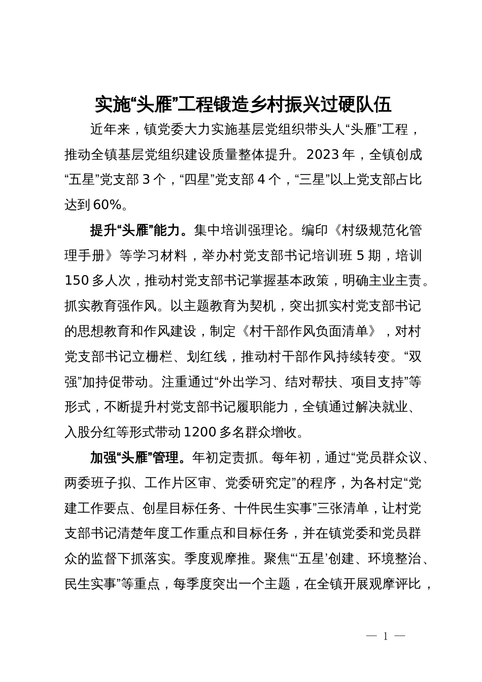 镇党委书记交流发言：实施“头雁”工程   锻造乡村振兴过硬队伍_第1页