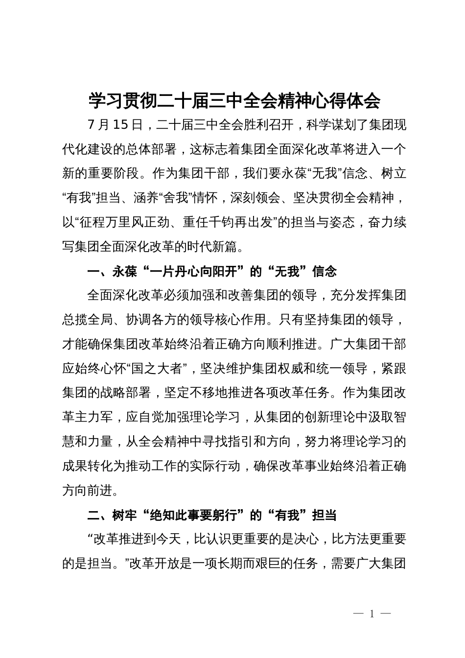 公司党员领导干部学习贯彻二十届三中全会精神心得体会_第1页