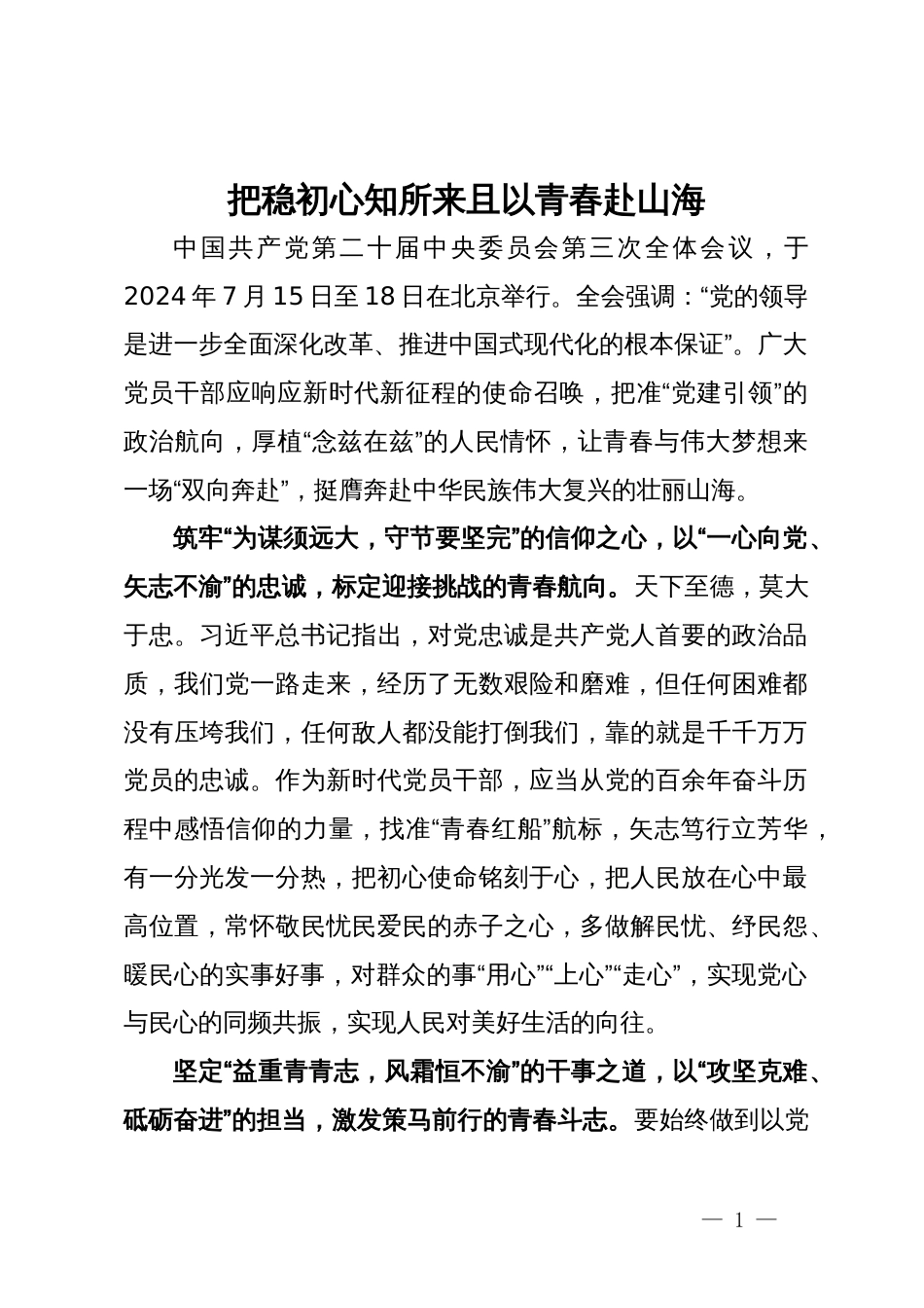 青年干部二十届三中全会研讨发言：把稳初心知所来 且以青春赴山海_第1页