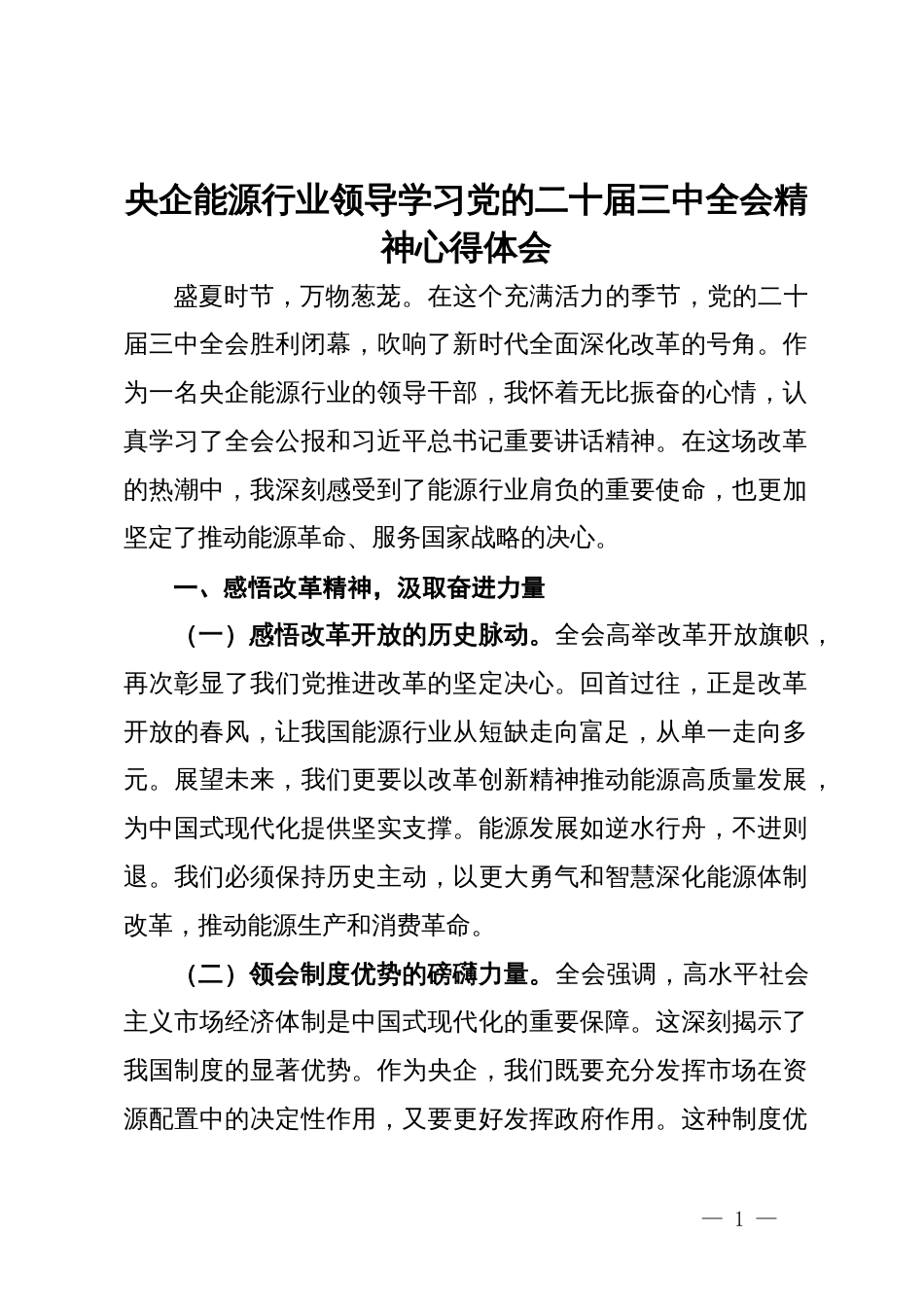 央企能源行业领导学习党的二十届三中全会精神心得体会_第1页