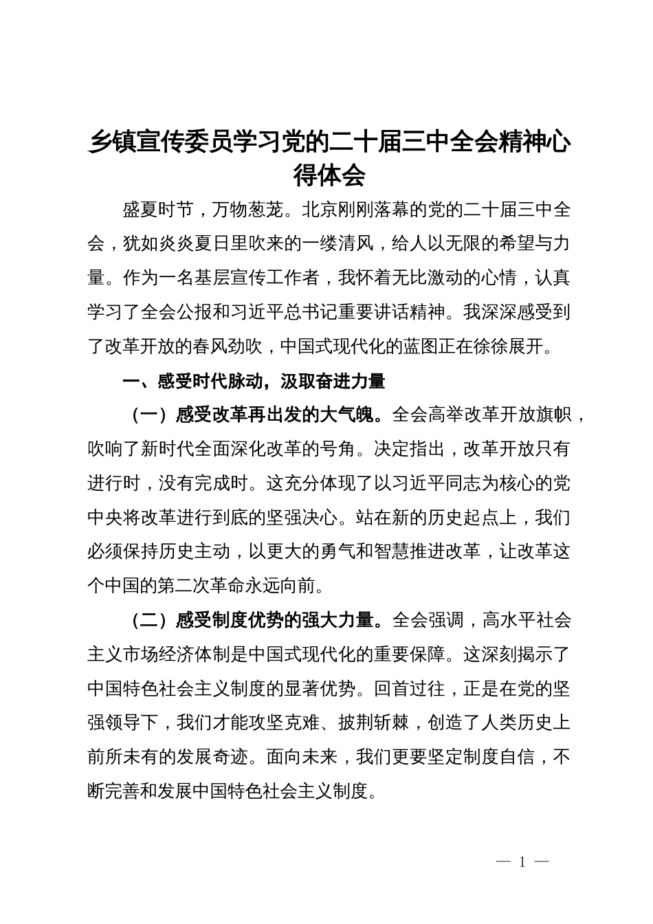 乡镇宣传委员学习党的二十届三中全会精神心得体会_第1页