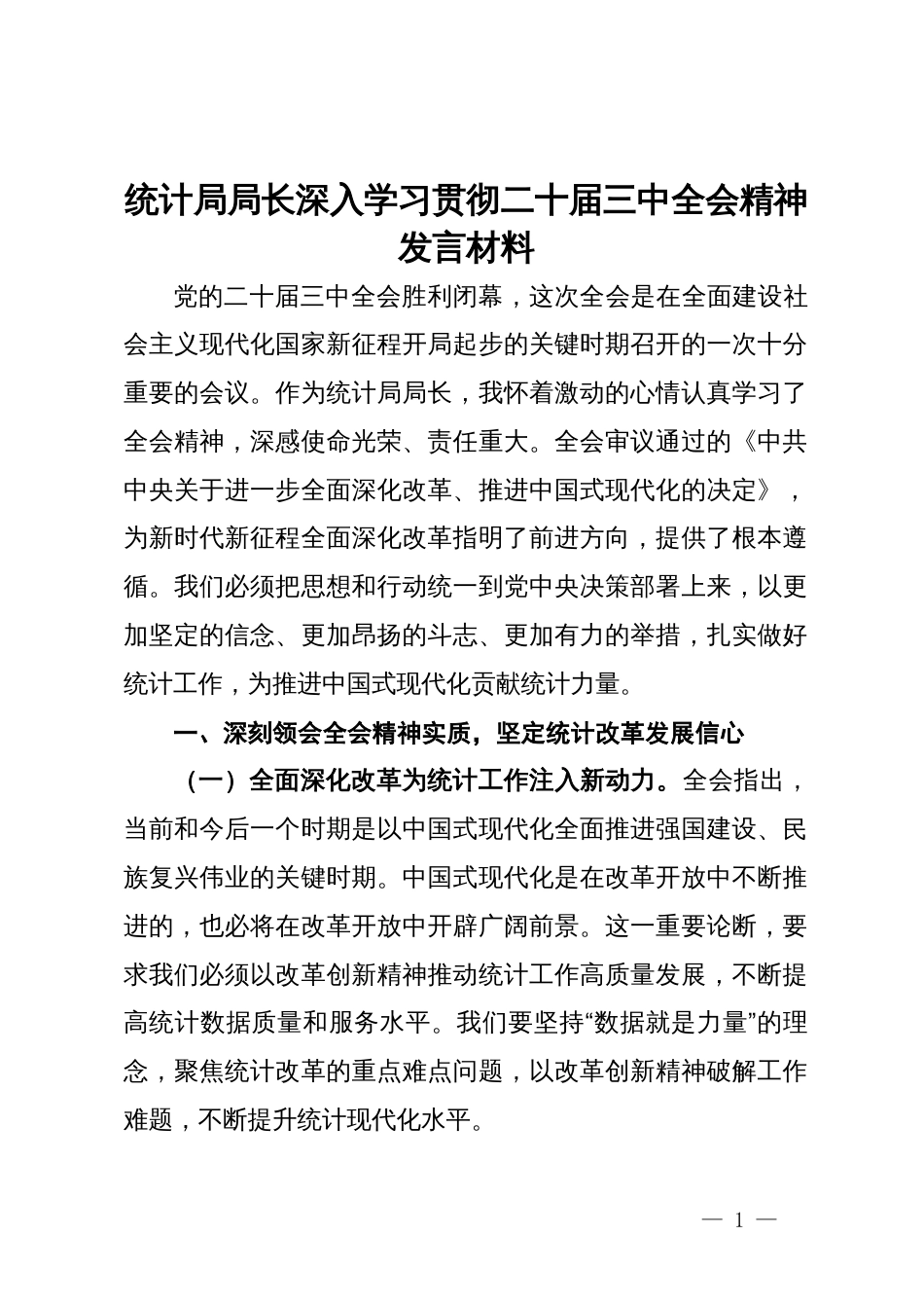 统计局局长深入学习贯彻二十届三中全会精神发言材料_第1页