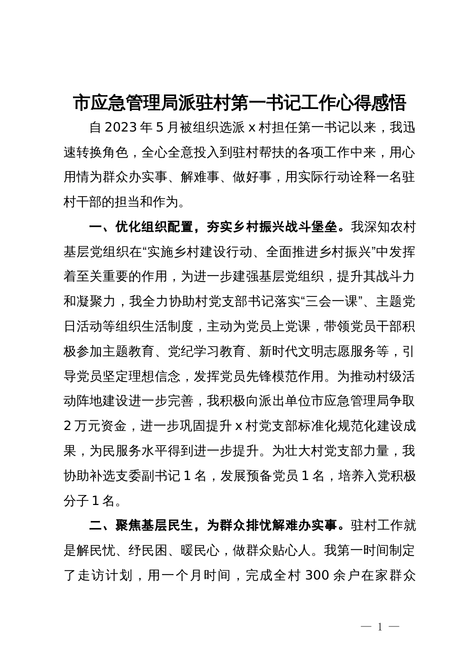 市应急管理局派驻村第一书记工作心得感悟_第1页