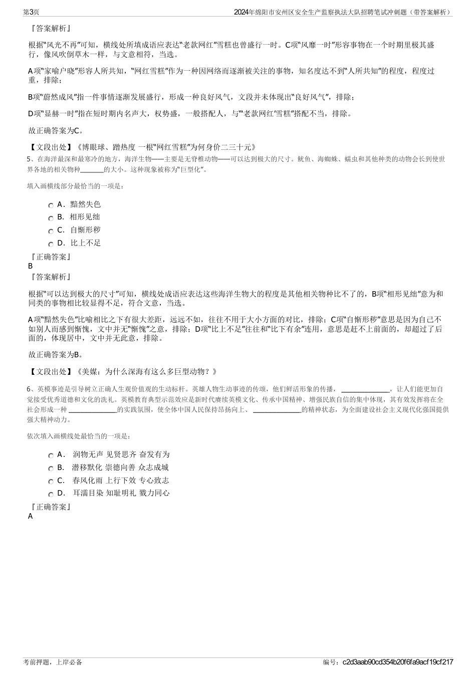 2024年绵阳市安州区安全生产监察执法大队招聘笔试冲刺题（带答案解析）_第3页