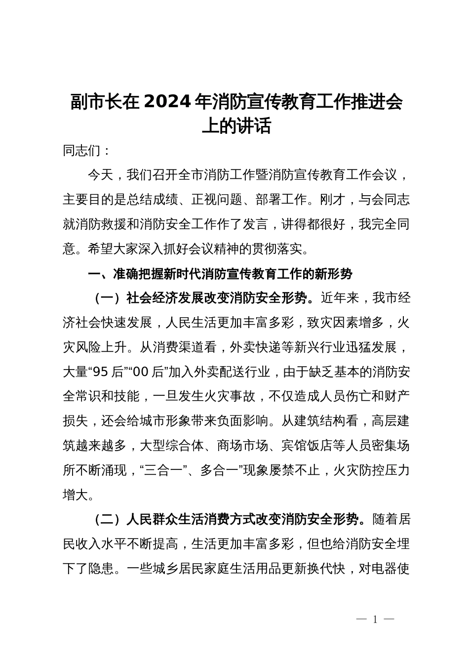 副市长在2024年消防宣传教育工作推进会上的讲话_第1页