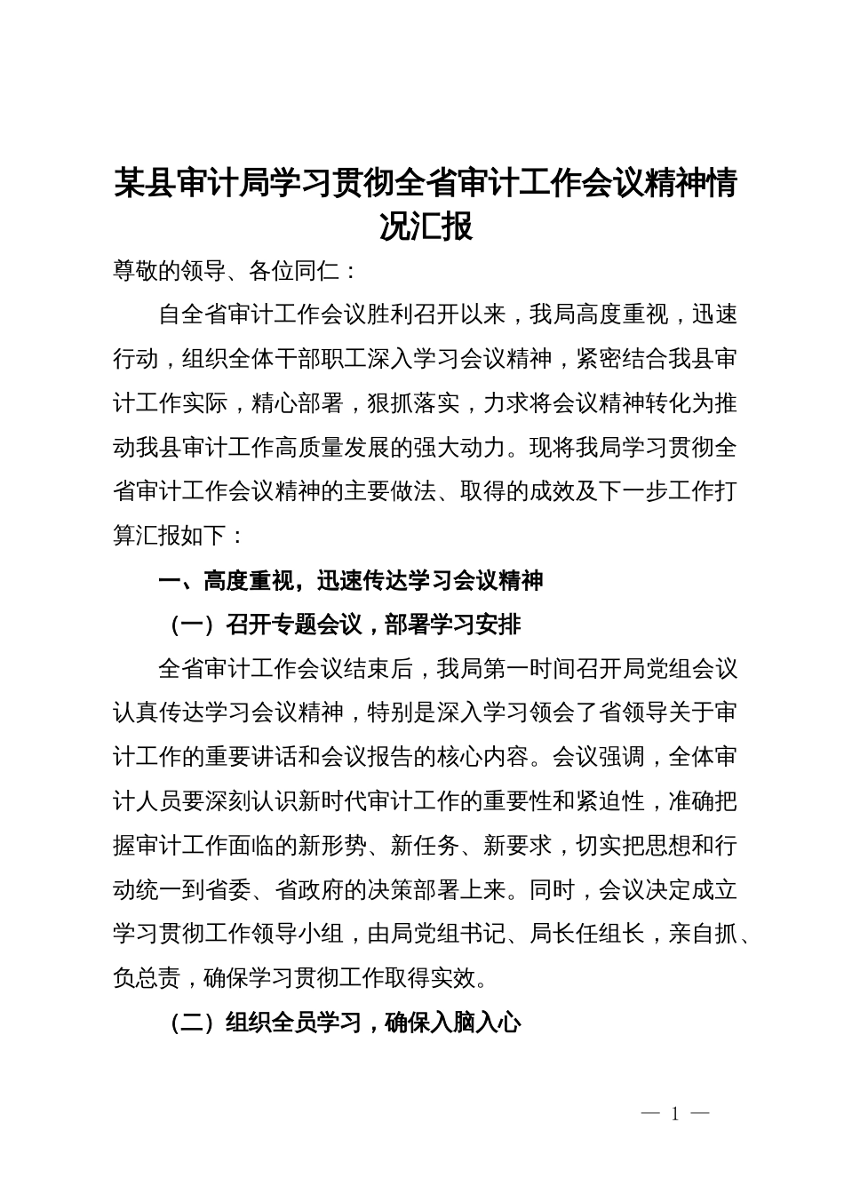 某县审计局学习贯彻全省审计工作会议精神情况汇报_第1页