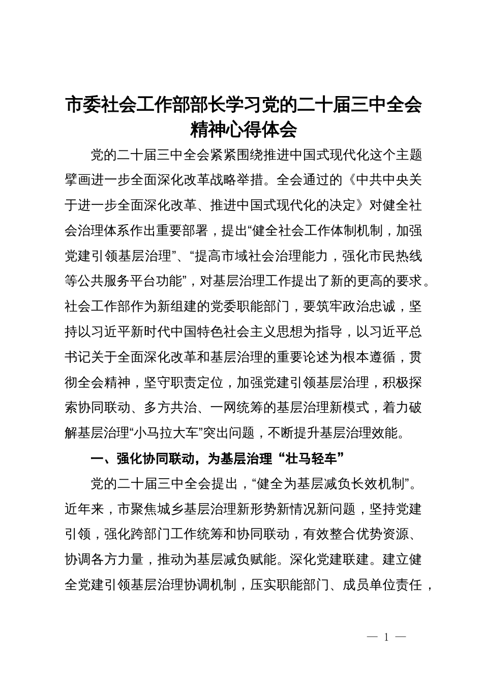 市委社会工作部部长学习党的二十届三中全会精神心得体会_第1页