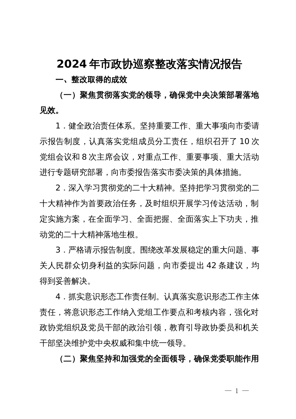 2024年市政协巡察整改落实情况报告_第1页