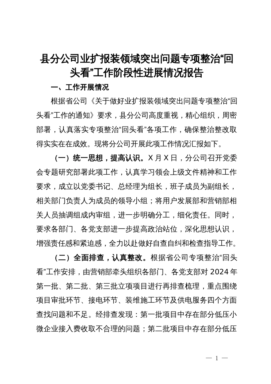 县分公司业扩报装领域突出问题专项整治“回头看”工作阶段性进展情况报告_第1页