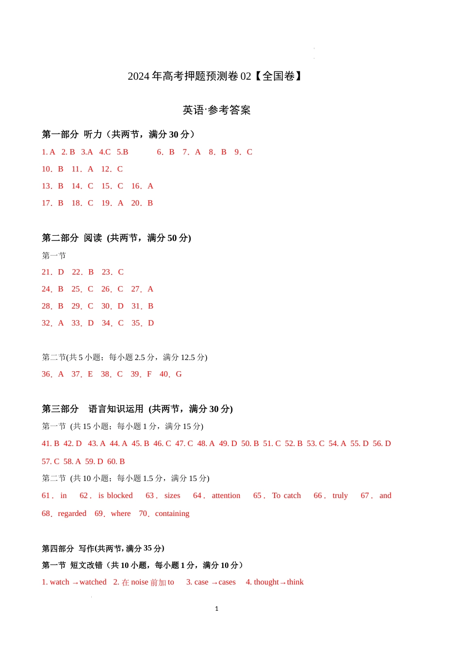 2024年高考押题预测卷02（全国卷）-英语（参考答案）_第1页