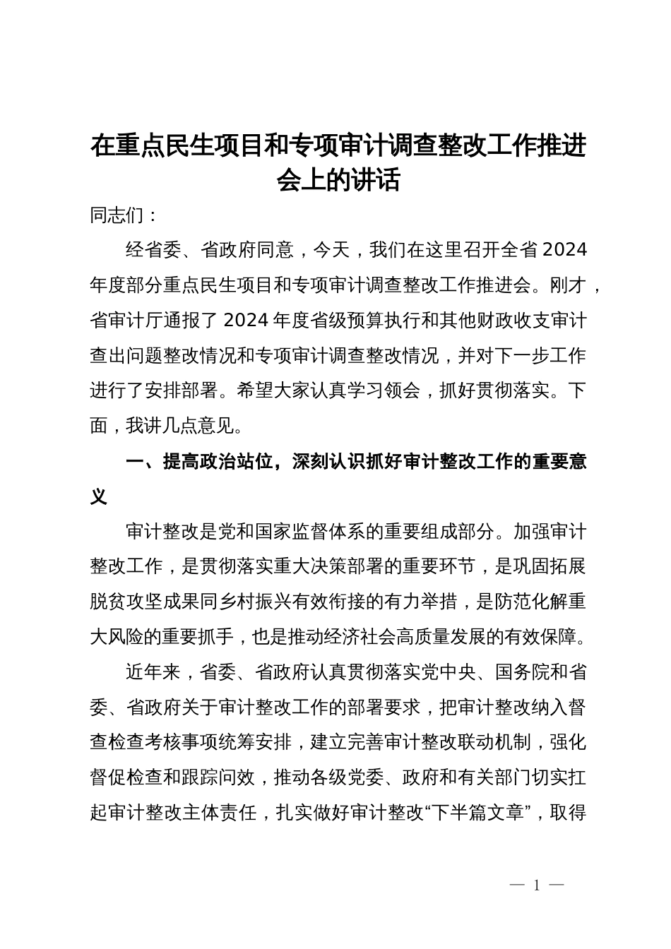 在重点民生项目和专项审计调查整改工作推进会上的讲话_第1页