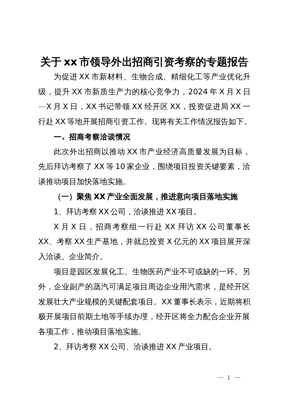 关于xx市领导外出招商引资考察的专题报告_第1页