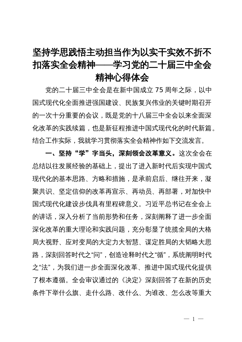 坚持学思践悟主动担当作为以实干实效不折不扣落实全会精神——学习党的二十届三中全会精神心得体会_第1页