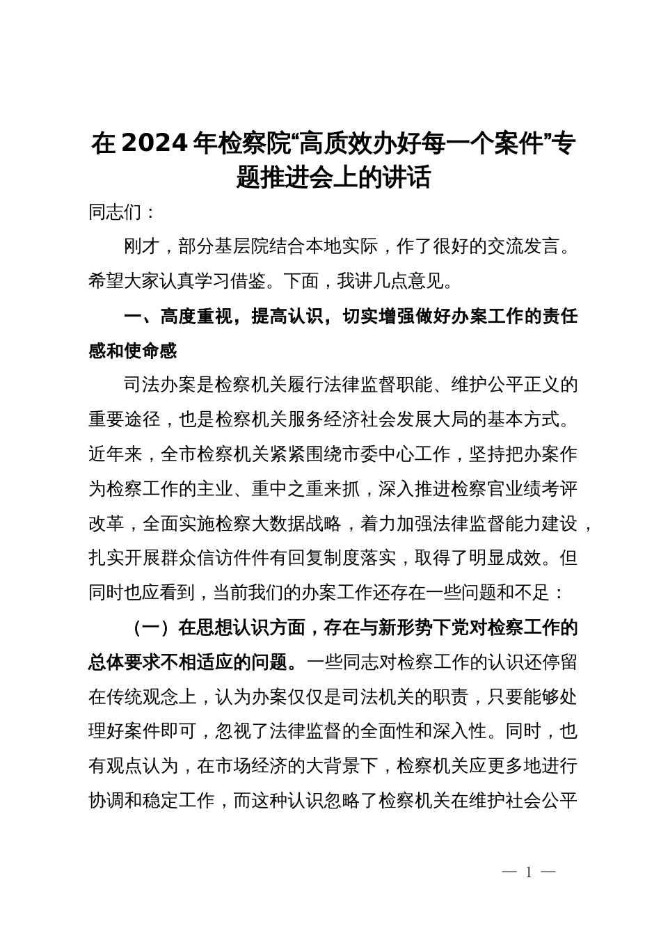 在2024年检察院“高质效办好每一个案件”专题推进会上的讲话_第1页